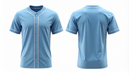 Front and back views of a blue baseball jersey with white trim on a plain white background