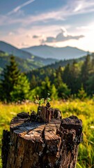 Tree stump vista with mountain backdrop, meadow setting