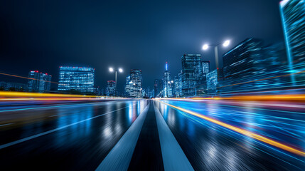 Abstract night cityscape with glowing data lines, symbolizing digital transformation, smart cities, and high-speed data infrastructure.
