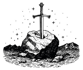 Fototapeta premium Hand drawn line art illustration of a legendary sword in a stone depicting a medieval fantasy scene for mystical tales