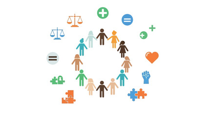 Fototapeta premium Diverse group of people holding hands in a circle, surrounded by symbols of equality, justice, community, and well-being.
