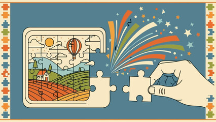 A hand places the final puzzle piece, completing a vibrant landscape scene with a hot air balloon and rolling hills, as colorful abstract elements burst forth.