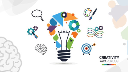 A vibrant illustration depicting the concept of creativity and awareness, featuring a lightbulb composed of colorful geometric shapes and various icons representing ideas and innovation.