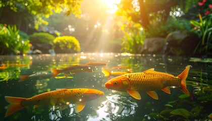 A serene pond scene bathed in golden sunlight, featuring vibrant koi fish swimming amidst lush greenery. The water reflects the light