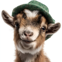 Young goat wearing green hat