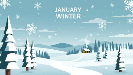 A serene winter landscape with snow-covered pine trees and a cozy cabin nestled in the hills under a sky filled with falling snowflakes.