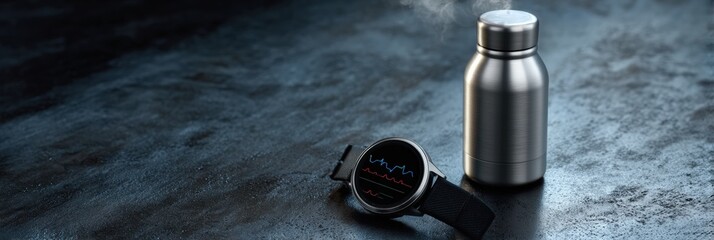 Smartwatch with heart rate monitor next to stainless steel thermos on dark surface