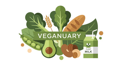 A vibrant illustration celebrating Veganuary with a variety of fresh plant-based foods and a carton of plant milk.