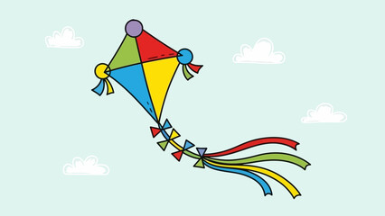 A colorful diamond-shaped kite with a long, multi-colored tail flying in a light blue sky with scattered white clouds.
