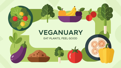 Veganuary: Eat Plants, Feel Good - A vibrant illustration celebrating veganism with fresh fruits and vegetables.