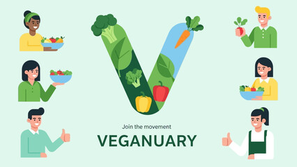 Diverse people celebrating Veganuary with fresh vegetables and salads, promoting a plant-based lifestyle.