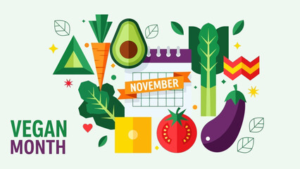 A vibrant illustration celebrating Vegan Month in November with various fresh vegetables and fruits arranged artistically.