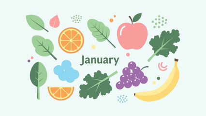 A vibrant collection of fresh fruits and leafy green vegetables arranged artfully on a light blue background, featuring the word 'January' prominently displayed.