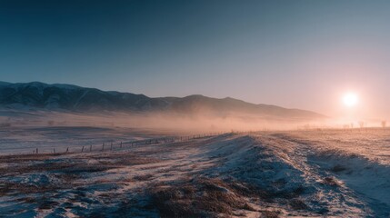 Snowy mountain landscape with pink sunrise and fog over field winter mist