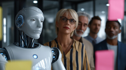 Humanoid robot standing with a business team during a meeting, symbolizing artificial intelligence participation in analysis and decision making.
