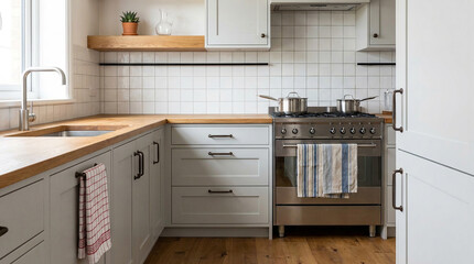 Fototapeta premium Stylish modern farmhouse kitchen with light grey shaker cabinets, wood countertops, white tile backsplash, stainless steel appliances, and natural light
