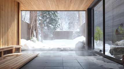 Hot spring bath in winter with snow and steam at a relaxing wellness retreat