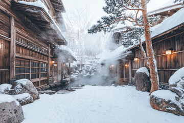 Winter scene in a snow-covered courtyard of a traditional wooden structure with hot spring steam rising