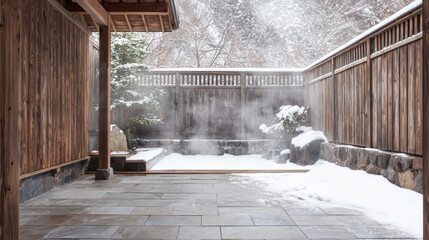 Outdoor hot spring bath in the forest during snow in winter with steam rising from the water