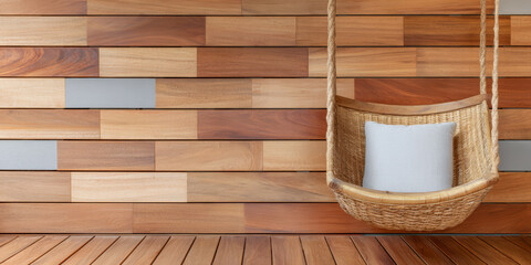 Hanging chair with a white cushion in front of a wooden wall during daylight hours in a simple indoor setting