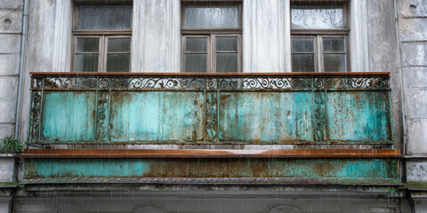 Rusty balcony with weathered metal railing in an old building during rain, showing signs of age and wear over time