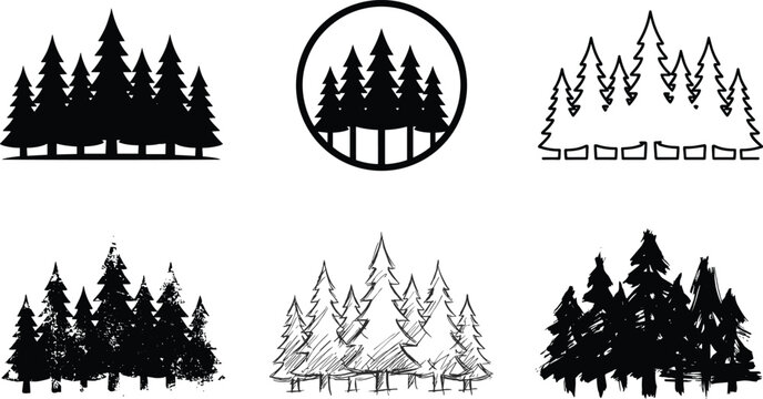Six black pine forest silhouettes in different artistic styles including emblem, line art, sketch and grunge isolated on white background