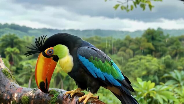 High resolution 4K footage of vibrant Keel billed Toucan Costa Rica perched the rain emphasizing bright plumage tropical wildlife lush rainforest 