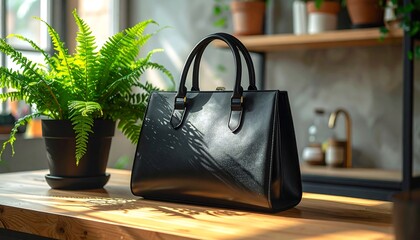 A structured, black leather handbag sits on a wooden surface, next to a potted fern, with light streaming across its surface