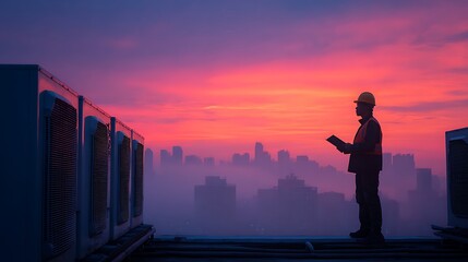 Fototapeta premium Engineer Inspecting HVAC Units At Sunrise On Rooftop.