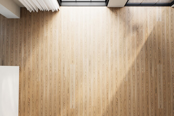 Top view of an empty interior with chevron wood flooring, soft lighting, and minimal decor. Ideal for backgrounds, mockups, or interior design presentations. 3D render.