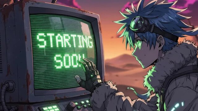 Retro-futuristic anime character with "Starting Soon" message on a vintage CRT monitor in a dystopian landscape