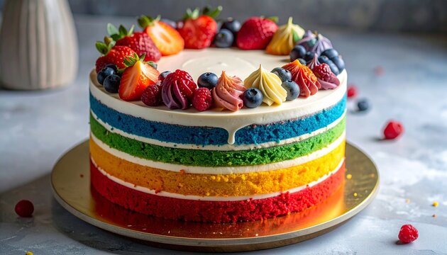 Rainbow layer cake with colorful frosting swirls and strawberries on dark plate