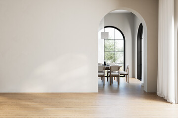 Modern interior design of apartment, dining room with table and chairs, arches, empty living room with white wall, panorama. 3d Rendering
