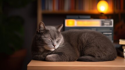 A cozy gray cat sleeps peacefully on a wooden table beside a retro radio and warm ambient light, creating a relaxed atmosphere.