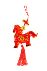 chinese horse knot on white background, 2026 is year of the horse,Chinese word on golden coin Translation:good luck for money