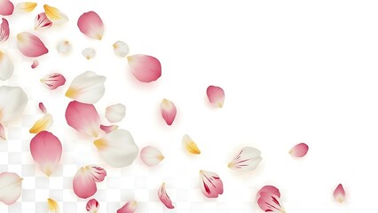 Pink and white rose petals falling gently on transparent background