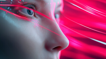Close-up of a human face scanned by red laser beams symbolizing biometric analysis, artificial intelligence, and digital surveillance.
