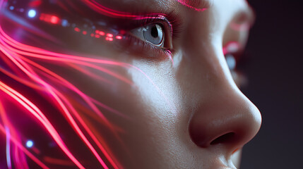 Close-up of a human face scanned by red laser beams symbolizing biometric analysis, artificial intelligence, and digital surveillance.
