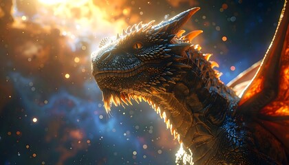 A majestic dragon gazes towards the light, its scales detailed and eyes intense, set against a fiery, celestial background