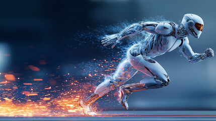 High-speed humanoid robot running with blazing energy trails symbolizing the rapid acceleration and explosive growth of artificial intelligence.
