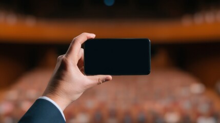 A hand holding a smartphone in a theater, capturing the empty seats, suggesting an event or presentation setting.