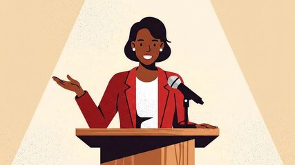 A professional woman delivers an important presentation or speech at a podium