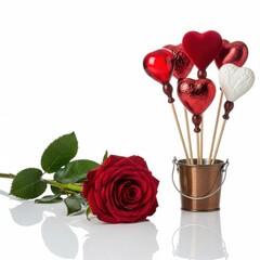 Beautiful red rose and heart shaped chocolates in copper bucket