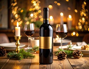 A festive table setting featuring a full wine bottle with a blank gold label, two glasses of red wine, candles, and pinecones