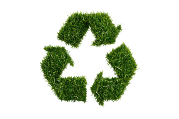 Three dimensional green grass recycle on solid black background symbol