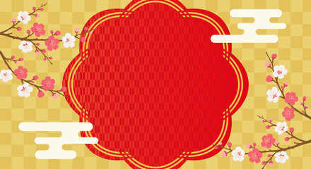 Japanese style gold background with red plum blossom and arrow feather pattern frame, luxury new year banner