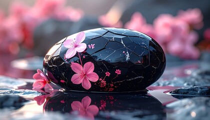 A faceted black object, possibly an egg, sits amongst pink blossoms. The image reflects on a wet, stony surface
