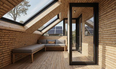 Sustainable Tiny House - A compact, modular interior made from bamboo and glass. Solar panels are visible as a reflection