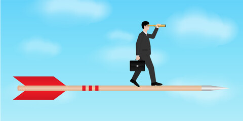 Businessman using Telescope looking for New Opportunity. Business Opportunity and Future Career Concept. Vector Illustration.