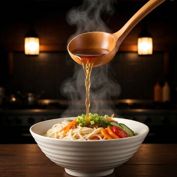 wooden ladle pours steaming, dark savory tonkotsu broth into a ceramic bowl filled with noodles and colorful vegetables, set against a dark, atmospheric kitchen background with glowing lanterns.